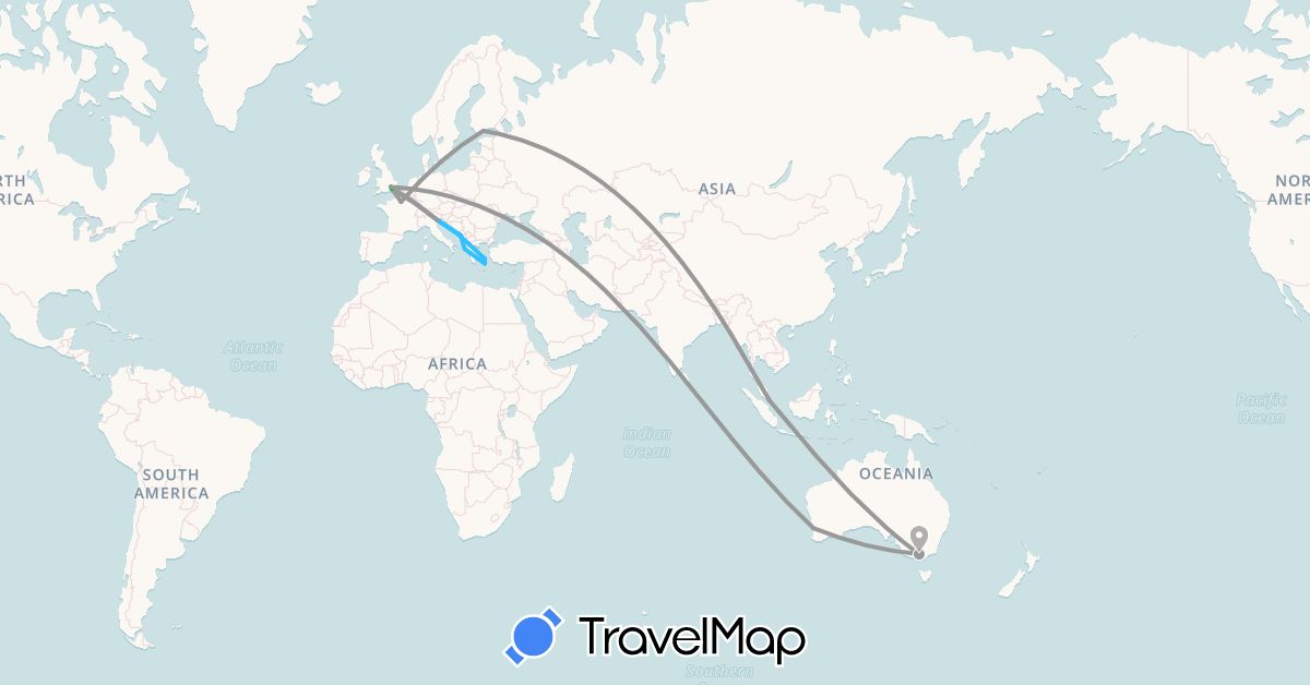 TravelMap itinerary: driving, bus, plane, boat in Australia, Finland, France, United Kingdom, Greece, Croatia, Italy, Montenegro, Singapore (Asia, Europe, Oceania)